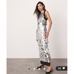 ASOS EDITION raw edge sequin open back Midaxi Maxi midi silver Size 2